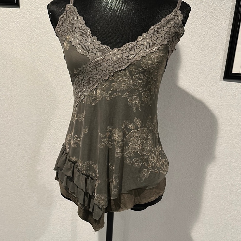 Asymmetrical Ruffled Camisole in Green and Cream